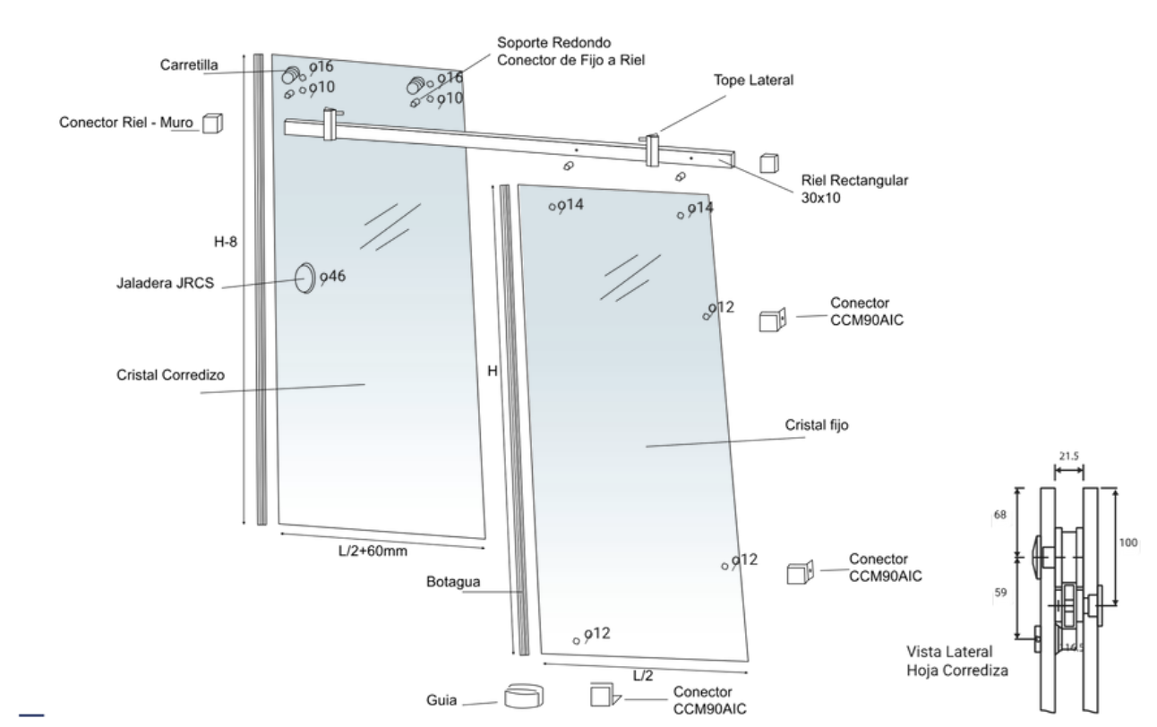 Cancel P/Baño Con Riel Rectangular 2Mt Acero Inox Cromo 